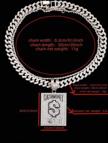 1个时尚创意“CASH MONEY”字母吊坠和1条水钻链项链，男士嘻哈朋克吊坠项链，适合日常佩戴，情人节礼物，2条链子可选 - 銀色 - 查看 8