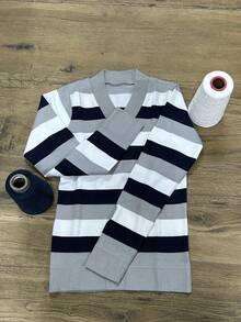 Women's Striped Sweater Top | Women's Long Sleeve Striped Top | Striped V-Neck Top - 海軍灰色 - 查看 6
