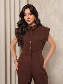 ALETHEIA - ELEGANT TAILORED JUMPSUIT FOR WOMEN WITH JAPANESE SLEEVES, TANK TOP WITH ELASTIC WAISTBAND AT THE BACK - 深棕色 - 查看 3