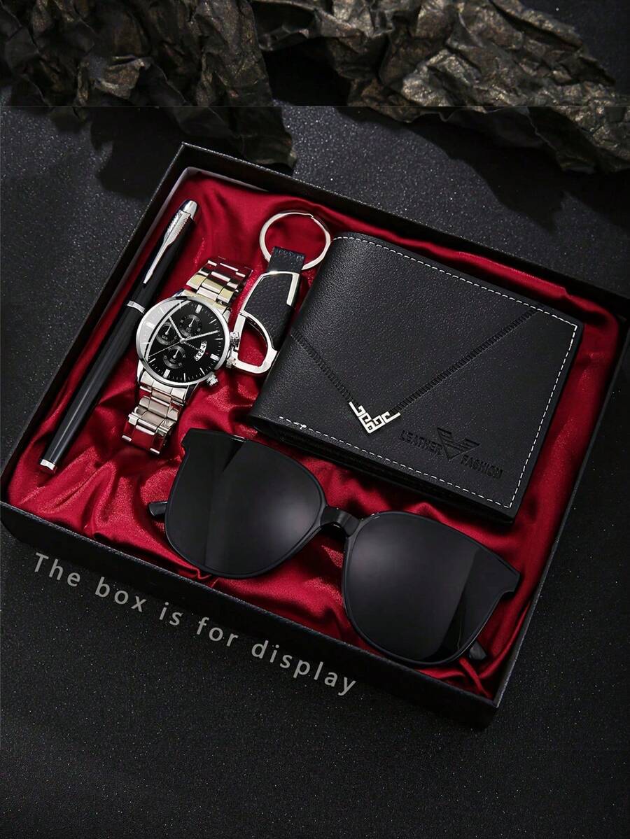 5 件套商务时尚 PU 皮革钱包、钢笔、石英表、太阳镜、钥匙扣礼盒套装，情人节或父亲节送给他的完美礼物