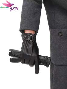 1 Pair Solid Color Casual PU Leather Men's Full Finger Touchscreen Gloves, Faux Sheepskin Faux Leather PU Gloves, Winter Riding Fashion Adult Gloves, Thermal Lined Waterproof Windproof Snow Gloves