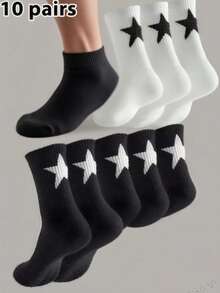 12 Pairs Black & White Star Design Mid-Calf Socks, Moisture-Wicking Soft, Versatile For All Seasons, Men's Socks