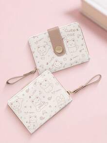 New Korean Style Folding Buckle Short Women's Wallet, Japanese Cute Cat Cartoon Integrated Card Holder, Student Bag, Zipper Coin Purse Wallet - Màu Khaki - Xem 1