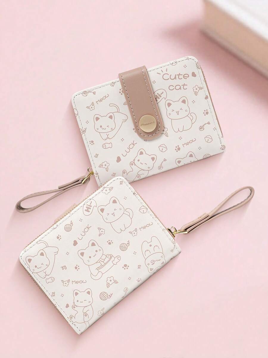 New Korean Style Folding Buckle Short Women's Wallet, Japanese Cute Cat Cartoon Integrated Card Holder, Student Bag, Zipper Coin Purse Wallet - Màu Khaki - Xem 1