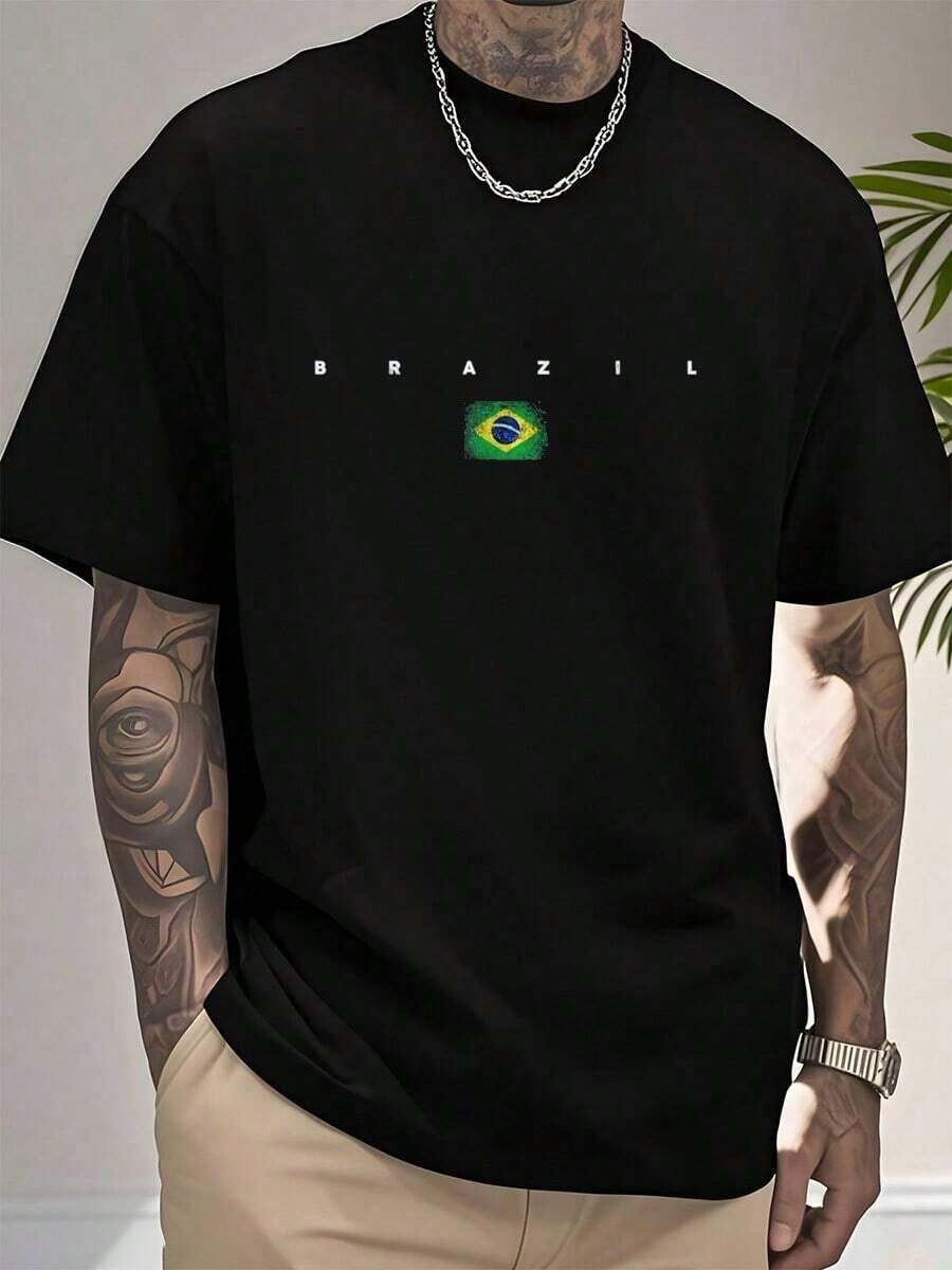 [Brazil Vintage Retro Football Brazil-Shirt][15.60 $] Men's Graphic Shirt--Shirts Crop Tops Outfits Tops-Shirt - 黑色 - 查看 1