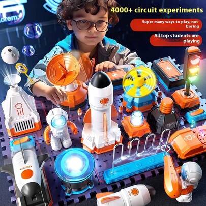 Electronic Building Blocks Physics Circuit Assembly Science Experiment Educational Toy / Multi-Piece Set Puzzle Science Education / Red & Green Light + Planet Light + Circuit Maze + Bell Sound + Warning Light + Fan Rotation + Voice Control Recording, Suitable For Boys And Girls As Perfect Gift