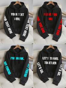 Sudadera con capucha personalizada para hombres con texto impreso, personaliza con tu texto/nombre/bendición/festividad/aniversario, sudadera personalizada, regalo de cumpleaños/Día de San Valentín/Día del Padre/fiesta/cumpleaños - Negro - Ver 2