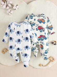 Newborn 2 Pieces Romper Set, Cute Cartoon Elephant & Big Truck All-Over Print Long Sleeve Shoulder Design Footed Jumpsuit, Snap Crotch Baby Everyday Wear - Multicolor - View 3