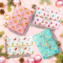 6pcs Pink Christmas Wrapping Paper Exudes A Warm Festive Atmosphere. These Exquisite Wrappers Are Specially Designed For Christmas. With A Soft Pink As The Main Color, They Are Decorated With Cute Patterns Such As Candy Canes, Gingerbread Christmas Trees, Etc.