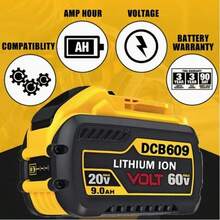 4pcs 9.0Ah DCB609 20V/60V Max Replacement Battery For  60V Battery DCB606 DCB612 Compatible With  20V/60V MAX Cordless Power Tools Lithium-Ion Battery Fit With  20V 60V Cordless Power Tools - 黃色 - 查看 7