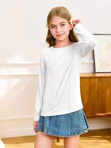 Kids Girls Long Sleeve Crewneck Tee Pleated Casual Top 5-14Y - trắng - Xem 4