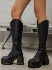 DareSee 女士V型过膝长靴，秋冬新款，弹性鞋面，后拉链，黑色高筒骑马靴，性感粗跟，仿皮外观，圣诞节冬季礼物 - 黑色 - 查看 3