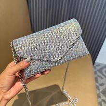女性閃亮鏈條斜挎包，女士迷你鑲鉆小信封肩袋，鑽石手提晚宴包 - 銀色 - 查看 13