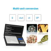 1. Eine 100g/0.01g hochpräzise elektronische Schmuckwaage, tragbar und leicht zu verstauen, aus ABS-Material gefertigt, mit Nullstellfunktion per Knopfdruck und Umrechnung in verschiedene Einheiten wie g, oz, ozt, dwt, ct, gn, alles mit nur einem Klick.