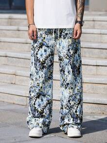 Men's Casual Fashion Versatile Street Style Hip-Hop Loose Floral Print Wide Leg Casual Pants - 藍色 - 查看 1