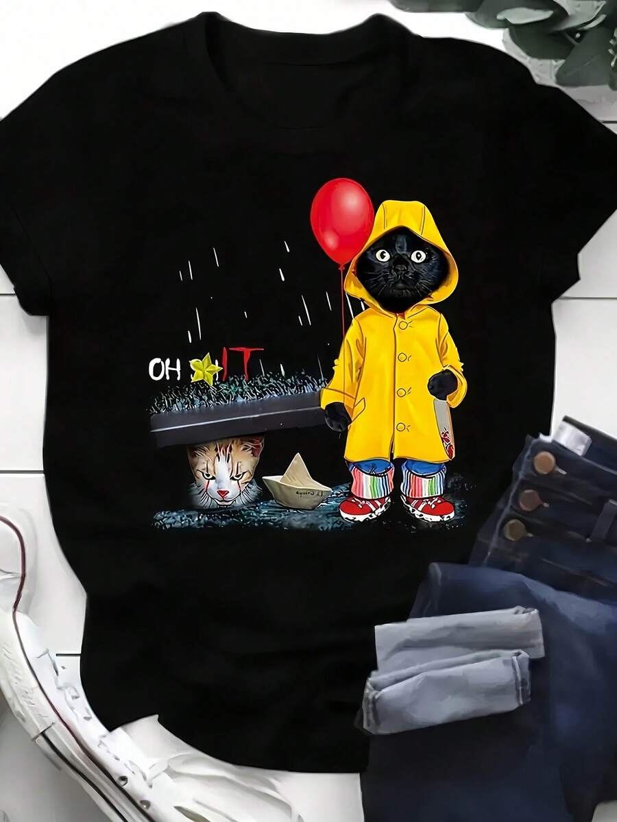 Áo thun ngắn tay cổ tròn in hình mèo hoạt hình dễ thương, cỡ lớn, màu đen, thích hợp mặc mùa hè. - màu đen - Xem 1