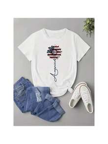 Camisetas femininas,1pc, Women's Fashion american Flag Printed T-shirt - Comfortable, Casual Short Sleeve Round Neck T-shirt, Suitable for Daily Wear and Fashion Combination