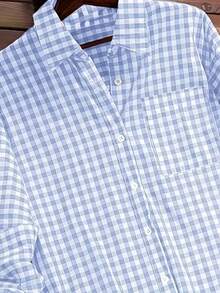 大码女式格子印花休闲长袖衬衫 春季 - 淺藍色 - 查看 4