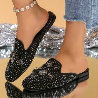 Sandalias casuales de tacón cerrado con estampado sexy, decoración de cristales, remaches y perlas, para primavera/verano/otoño 2025