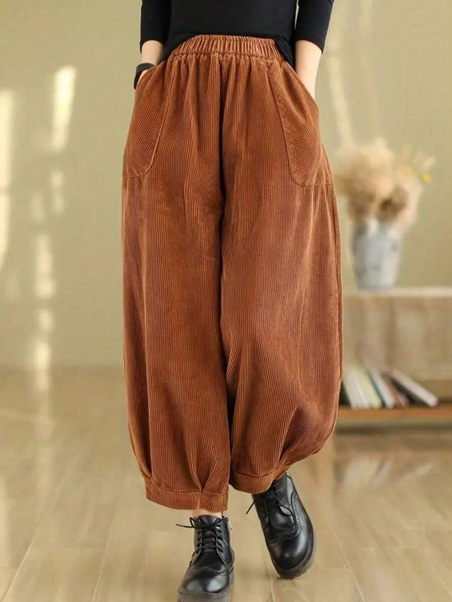 Plus Size Women's Fashionable Vintage Minimalist Pocket Loose Harem Pants, Suitable For Spring, Summer, Autumn, Casual Daily Wear