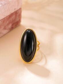 1 pieza de anillo ajustable de acero inoxidable con diseño de gema ovalada de moda, chapado en oro de 18k, adecuado para uso diario de mujeres, citas festivas, compromisos, bodas, accesorio que puede regalarse a amantes, amigos y familiares