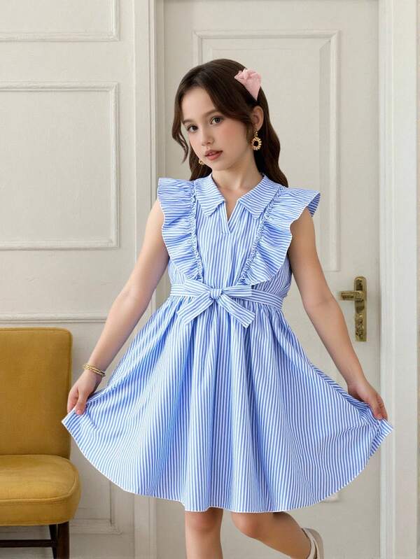 Camisa listrada para meninas com bainha franzida, vestido sem mangas com cinto