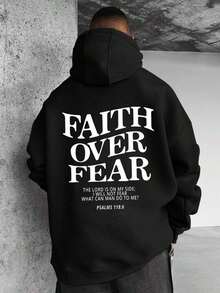 Trending Item1 PcsMen's Casual Hoodies With "FAITH OVER FEAR" Double-Side Letter Graphic Print, High Quality Retro Street Style Long Sleeve ForSkin-Friendly & Soft - 黑色 - 查看 7