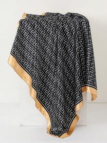 1条女士几何印花90厘米方形真丝围巾/头巾，适合街头、休闲、海滩、度假、假日等场合。 - 黑色 - 查看 2