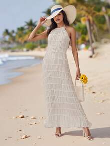 Vestido largo de mujer ajustado con pliegues, sin mangas, espalda descubierta, vestido de unicolor para fiesta y cóctel - Blanco - Ver 11