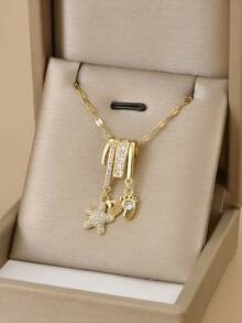 1 件时尚方晶锆石几何不锈钢女士项链，适合日常佩戴，饰有海星、贝壳、足迹、八瓣花、蝴蝶、莲花、八角星、向日葵、硬币徽章，金色首饰，高品质镀金项链，女士黄金首饰，万圣节礼物，圣诞节礼物 - 海星貝殼 - 查看 4