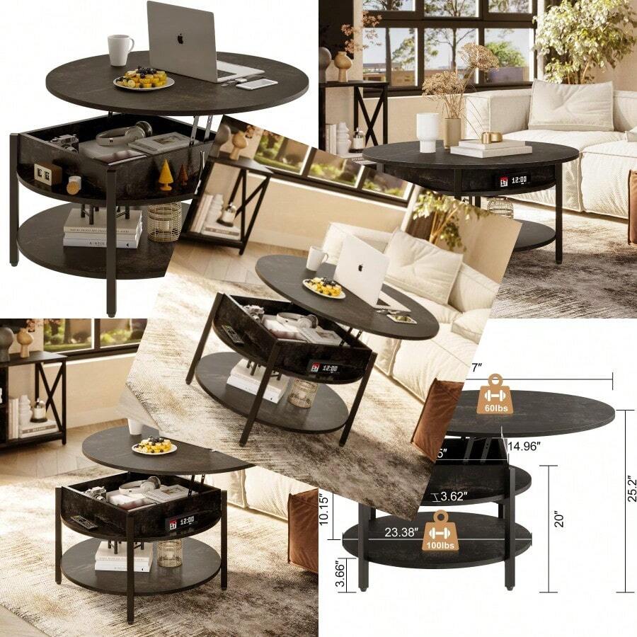 Round Lift Top Coffee Table With Storage And Hidden Compartment 68cm ...