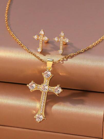 3 Stücke Set! Luxuriöse Strass-Kreuz-Halskette + Ohrringe Kombination, funkelndes Outfit für Partys, Urlaub, Bankette und den täglichen Gebrauch