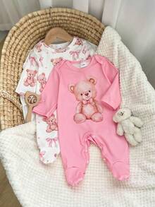 两件套女婴小熊蝴蝶结印花长袖连体衣套装，适合所有季节 - 彩色 - 查看 2