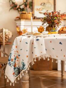 1pc Happy Thanksgiving Day Rectangular Tablecloth, Blue & Yellow Pumpkin Print, 3D Bamboo Texture, Beige Tassel Fringe, Washable, Coffee Table/Round Table Cover, Dining Table Decor, Home Decor, Suitable For Dining Room, Meals, Gatherings, Parties And Holiday Events, Autumn Decor, Thanksgiving Decor, Harvest Festival Gift - Blue and Yellow Pumpkins On Both Sides - View 16