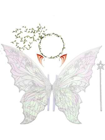 1 件/4 件仙女蝴蝶翅膀，狂欢节派对表演道具，闪亮蝴蝶翅膀婚纱天使翅膀，女士狂欢节服装配饰，金箔彩色翅膀花头饰精灵耳朵万圣节服装