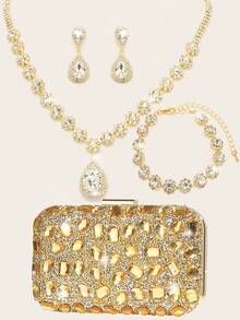 水钻珠宝闪亮项链耳环手镯套装，适合奢华信封手拿包，适合派对、浪漫婚礼、春夏链条单肩包、新娘包、正式舞会手拿包、优雅晚礼服包，非常适合派对婚礼舞会晚宴/宴会 - 金色 - 查看 1