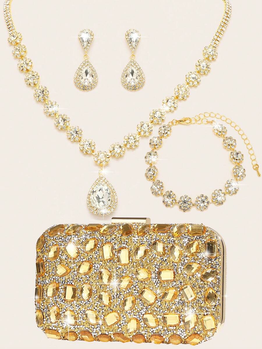 水钻珠宝闪亮项链耳环手镯套装，适合奢华信封手拿包，适合派对、浪漫婚礼、春夏链条单肩包、新娘包、正式舞会手拿包、优雅晚礼服包，非常适合派对婚礼舞会晚宴/宴会 - 金色 - 查看 1