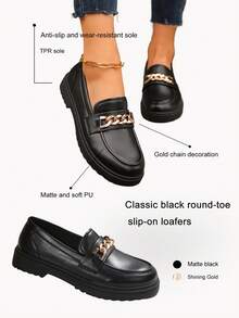 Women's Autumn/Winter New Comfortable Thick Sole Casual Daily Commute Black Matte PU Versatile Flats, Fashionable School Style Slip-On Chain Decor Flat Loafers For Students - Black - View 3