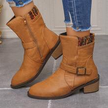1 Pair Women's Autumn/Winter Fashion Boots, Pointed Toe Block Heel Short Boots, Knit Collar Western Style With Buckle And Side Zipper, Holiday