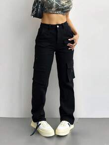 Pantalones cargo de tiro alto en color negro, corte holgado y amplio, versátiles para uso casual - Negro - Ver 2