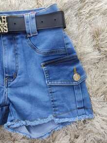 Women's High Waisted Frayed Blue Cargo Jean Shorts With Pockets - Medium Wash - View 2