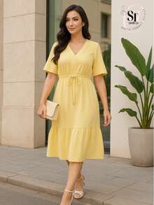 Women's Short Ruffle Dress Casual Duna Short Sleeve Midi Party Evangelical Fashion Elastic Waist. - 紫丁香色 - 查看 4