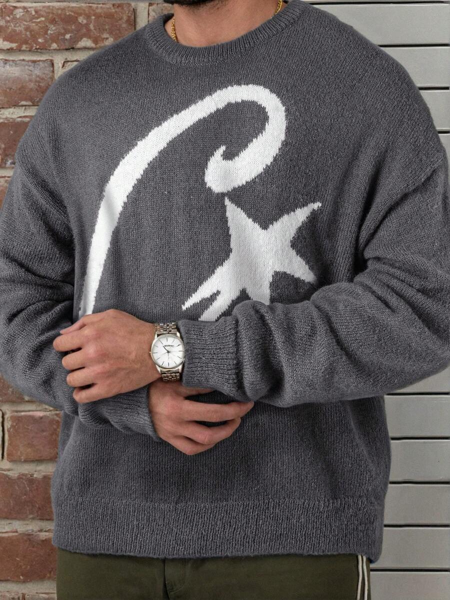 Unisex Vintage Casual Loose Fit Crew Neck Sweater With Star Pattern, Lightweight & Comfortable, Suitable For Spring, Autumn & Winter - Grey - View 1