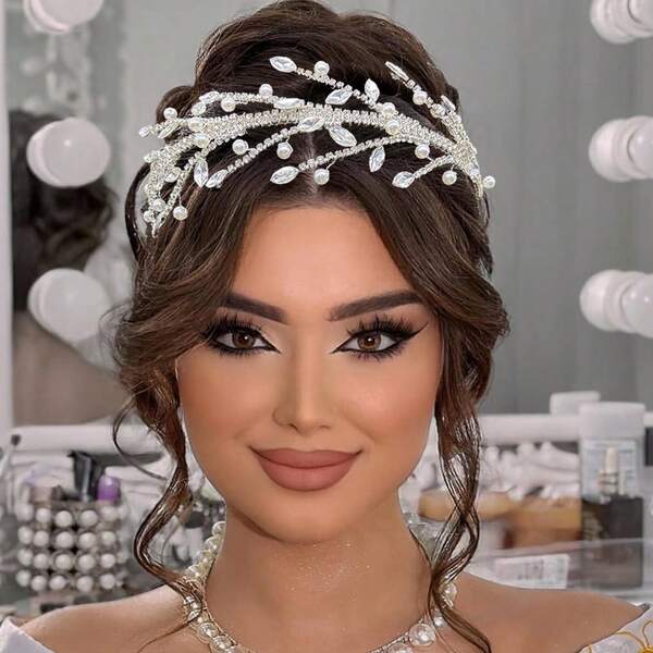 1pc Women's Silver Crystal Headpiece, Handmade Beaded Pearl Hair Hoop, Bridal Hair Accessory For Wedding, Engagement, Prom