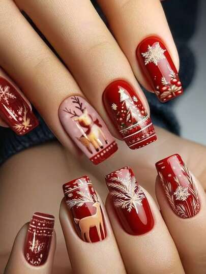 圣诞美甲 24 件短方形圣诞树、雪人、麋鹿、设计法式尖头按压指甲短款完美贴合亚克力假指甲套装，包含 1 件果冻胶和 1 个指甲锉，易于佩戴圣诞美甲和法式尖头指甲，适合女性女孩 DIY 日常工作节日派对使用