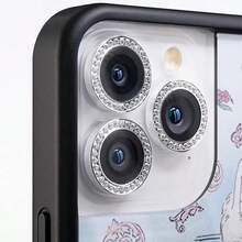 3 piezas Protector de lente de cámara compatible con iPhone, con anillo de metal brillante con rhinestone y película resistente a los arañazos de dureza 9H, accesorio de moda, funda protectora amigable para el usuario aplicable a protección diaria, oficina, hogar, cubierta de cámara de teléfono a prueba de agua, a prueba de golpes y anti-caída