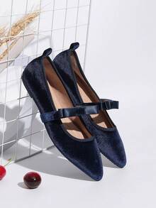 Women's Fashion Velvet Mary Jane Shoes With Bow, Navy Blue Slip-On Pointed Toe Flats, Comfortable Soft Sole For Outdoor And Indoor Wear, Suitable For Dresses In All Sizes - Màu xanh hải quân - Xem 4