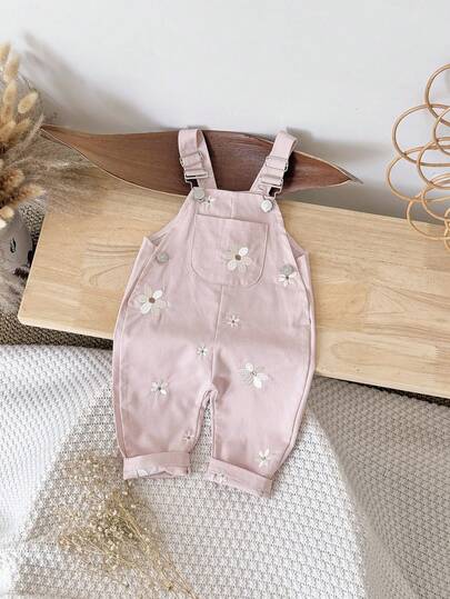 Baby Girls' Casual Allover Embroidered Floral Light Blue Suspender Pants, Summer