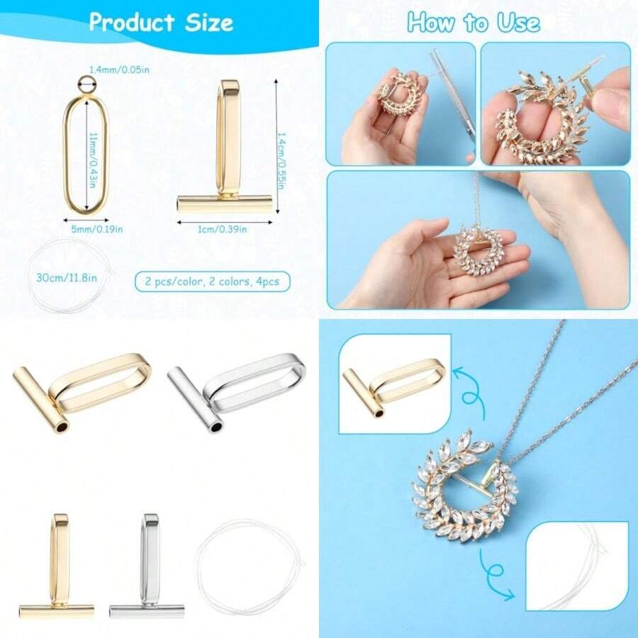 Brooch To Pendant Converter 4Pcs Pins To Pendant Gold And Silver Alloy Set With 1 Silicone Tube Hose Tool For Women Transforming Brooches Into Elegant Necklaces - 金銀 - 查看 1