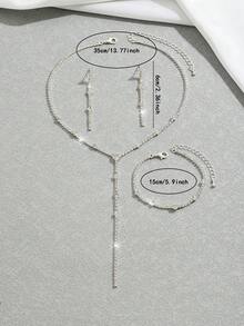 1pc Rhinestone Inlaid Low-cut Long Necklace, 1pair Earrings, 2pcs Bracelets Jewelry Set - Silver - View 4